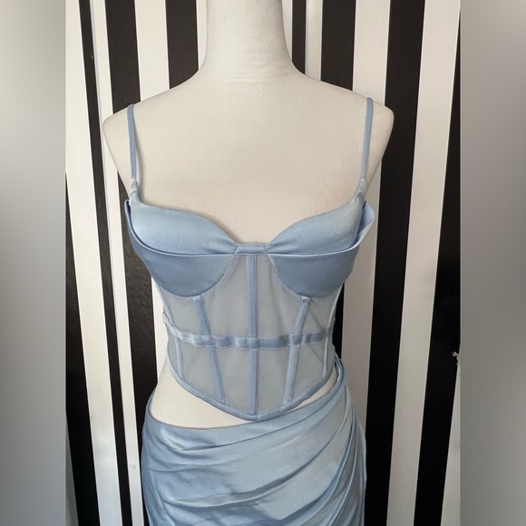 Light Blue Satin Corset Cutout Ruched Gathered Maxi Dress - NWT - Picture 6 of 10